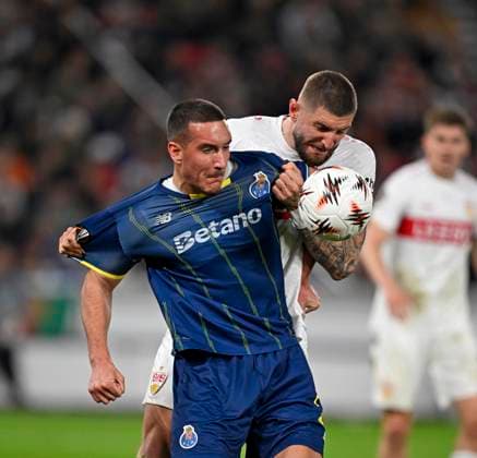 12 03 2026, Football UEFA Europa League 2025 2026 Round of 16, VfB Stuttgart FC Porto, in the MHP Arena Stuttgart, Correction Deniz Gül FC Porto vs Jeff Chabot Stuttgart DFL and DFB regulations prohibit any use of photographs as image sequences and or quasi video