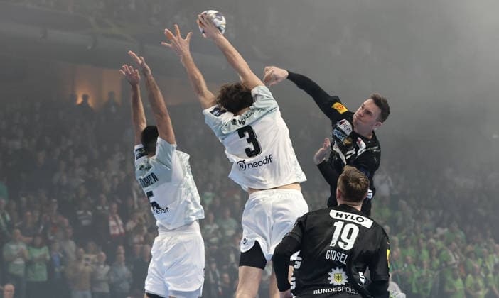 Shuichi Yoshida, Thibaud Briet, Lasse Andersson on the ball duel Game scene Action Sport Handball CL Champions League Champions League Men 14 Matchday Season 2025 2026 12 03 2026 Füchse Berlin vs HBC Nantes in the Max Schmeling Halle