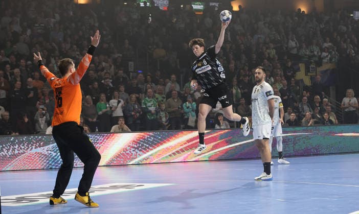 Leo Prantner scores a goal against goalkeeper Ignacio Biosca duel Match scene Action Sport Handball CL Champions League Champions League Men 14 Matchday Season 2025 2026 12 03 2026 Füchse Berlin vs HBC Nantes in the Max Schmeling Halle