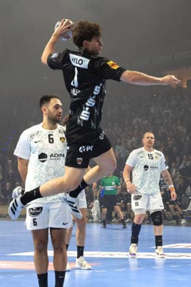 DEU, Machineseeker EHF Champions League, Fuechse Berlin vs HBC Nantes, 12 03 2026, Max Schmeling Halle, Berlin, DEU, Machineseeker EHF Champions League, Fuechse Berlin vs HBC Nantes, in the picture Prantner, Leo Fuechse Berlin 6 , Ian Tarrafeta HBC Nantes 6 nordphotoxGmbHx xEngler nph00076
