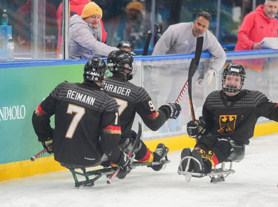 March 12, 2026, Milan, Milano, Italy: Germany s para Ice hockey, Eishockey team celebrating after winning over Slovakia in the Para Ice Hockey Classification Game at Milano Santagiulia Ice Hockey Arena during Paralympic Winter games, Winterspiele,Spiele, Summer games in Milano, Italy. Milan Italy - ZUMAk197 20260312_zsp_k197_015 Copyright: xRanjithxKumarx