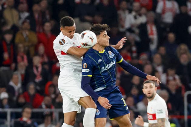 Luca Jaquez VfB Stuttgart, 14 and Gabri Veiga FC Porto, 10 in header duel , Germany, Football, UEFA Europa League, Round of 16, 2025 2026, VfB Stuttgart vs FC Porto, 12 03 2026, Stuttgart Arena Stuttgart Germany Copyright: xGrantxHubbsx