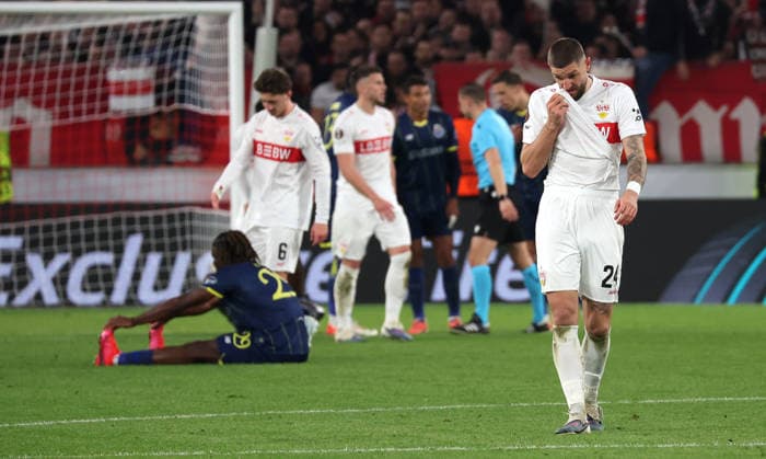 12 03 2026, Stuttgart, Football UEFA Europa League, Season 2025 2026, VfB Stuttgart vs FC Porto, Jeff Chabot VfB disappointed