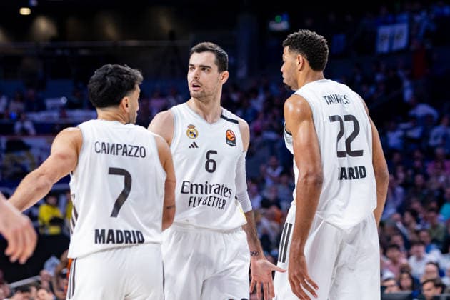 ESP Real Madrid v Valencia Basket Euroleague Alberto Abalde, Facundo Campazzo and Edy Tavares of Real Madrid during the Euroleague match, between Real Madrid and Valencia Basket played at Movistar Arena Stadium on March 12, 2026 in Madrid Spain Madrid Spain Basketball Copyright: xAlbaxPachecox xAgenciaxLOFx