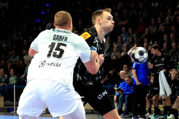 DEU, Machineseeker EHF Champions League, Fuechse Berlin vs HBC Nantes, 12 03 2026, Max Schmeling Halle, Berlin, DEU, Machineseeker EHF Champions League, Fuechse Berlin vs HBC Nantes, in the picture Mathias Gidsel Fuechse Berlin 19 , Matej Gaber HBC Nantes 15 nordphotoxGmbHx xEngler nph00076
