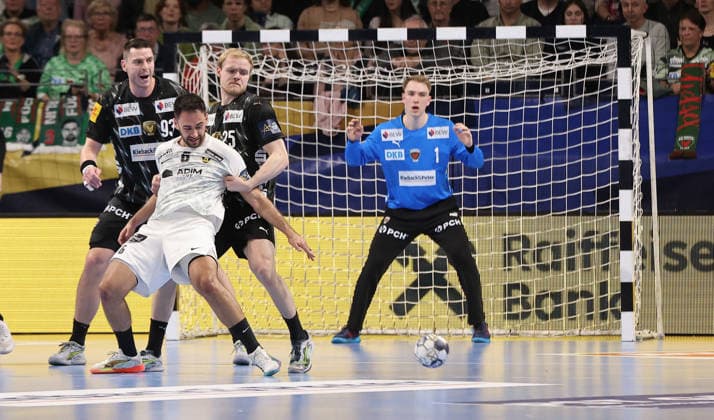 Mijajlo Marsenic, Matthes Langhoff, Ian Tarrafeta, goalkeeper Lasse Ludwig duel Match scene Action Sport Handball CL Champions League Champions League Men 14 Matchday Season 2025 2026 12 03 2026 Füchse Berlin vs HBC Nantes in the Max Schmeling Halle
