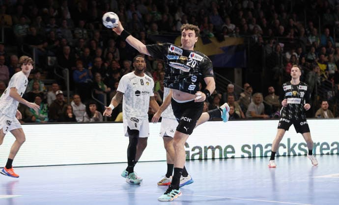 Lukas Herburger on the ball Single image Crop action Sport Handball CL Champions League Champions League Men 14 Matchday Season 2025 2026 12 03 2026 Füchse Berlin vs HBC Nantes in the Max Schmeling Halle