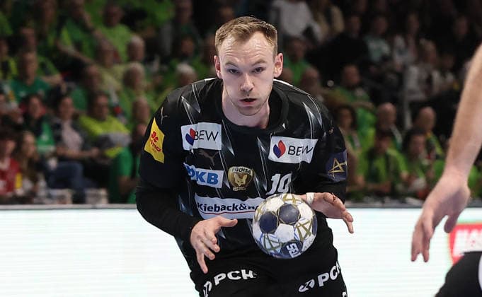 Mathias Gidsel on the ball Action upper body Sport Handball CL Champions League Champions League Men 14 Matchday Season 2025 2026 12 03 2026 Füchse Berlin vs HBC Nantes in the Max Schmeling Halle