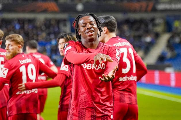 Belgium Football Europa League 2025 2026, Round of 16 KRC Genk vs SC Freiburg Cegeka Arena Genk Goal and goal celebration to 0 1 by Johan Manzambi SC Freiburg, 44 Joy, emotions, jubilation Goal is canceled after VAR decision Copyright: xJOERANxSTEINSIEKx