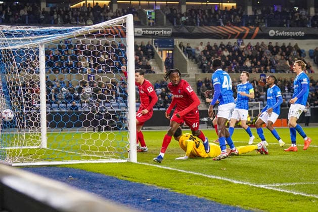 Belgium Football Europa League 2025 2026, Round of 16 KRC Genk vs SC Freiburg Cegeka Arena Genk Goal and goal celebration to 0 1 by Johan Manzambi SC Freiburg, 44 Joy, emotions, jubilation Goal is canceled after VAR decision Copyright: xJOERANxSTEINSIEKx