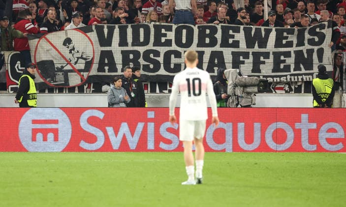 12 03 2026, Stuttgart, soccer UEFA Europa League, season 2025 2026, VfB Stuttgart vs FC Porto, banner, abolish video evidence, Chris Führich VfB