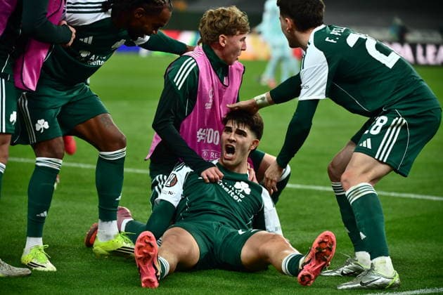 UEFA Europa League, Panathinaikos FC vs Real Betis - Vicente Taborda of Panathinaikos celebrates with his teamates after scoring the 1-0 with penalty shot during the UEFA Europa League round of 16 1st leg soccer match between Panathinaikos FC and Real Betis held at Olympic Athletic Center of Athens in Athens, Greece, 12 March 2026. IMAGO ONE INCH PRODUCTIONS ATHENS Greece Copyright: xOnexInchxProductionsx 6890102