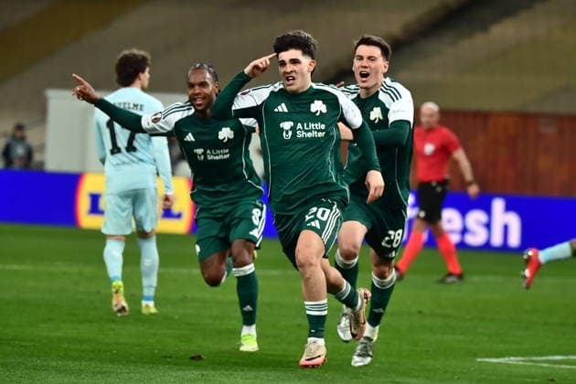 UEFA Europa League, Panathinaikos FC vs Real Betis - Vicente Taborda of Panathinaikos celebrates with his teamates after scoring the 1-0 with penalty shot during the UEFA Europa League round of 16 1st leg soccer match between Panathinaikos FC and Real Betis held at Olympic Athletic Center of Athens in Athens, Greece, 12 March 2026. IMAGO ONE INCH PRODUCTIONS ATHENS Greece Copyright: xOnexInchxProductionsx 6890113