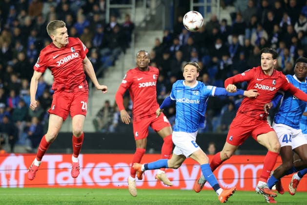 12 03 2026, xrekx, Football UEFA Europa League, KRC Genk SC Freiburg v l Matthias Ginter SC Freiburg Matte Smets KRC Genk Igor Matanovic SC Freiburg DFL DFB REGULATIONS PROHIBIT ANY USE OF PHOTOGRAPHS as IMAGE SEQUENCES and or QUASI VIDEO Genk