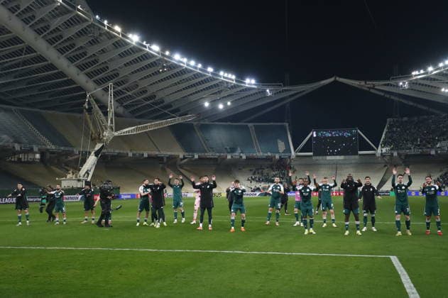 UEFA Europa League, Panathinaikos FC vs Real Betis - Players of Panathinaikos celebrate at the end of the UEFA Europa League round of 16 1st leg soccer match between Panathinaikos FC and Real Betis held at Olympic Athletic Center of Athens in Athens, Greece, 12 March 2026. IMAGO ONE INCH PRODUCTIONS ATHENS Greece Copyright: xOnexInchxProductionsx 6890154