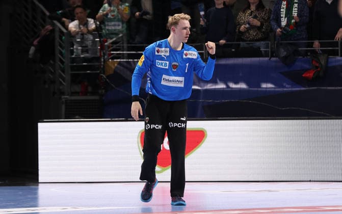 Goalkeeper Lasse Ludwig celebrates after a save Joy Emotion Cheers Sport Handball CL Champions League Champions League Men 14 Matchday Season 2025 2026 12 03 2026 Füchse Berlin vs HBC Nantes in the Max Schmeling Halle