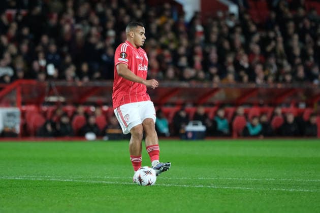 Murillo of Nottingham Forest on the ball during the UEFA Europa league football match between Nottingham Forest and FC Midtjylland at City Ground in Nottingham. Copyright: xPaulxBonserx xSportsxPressxPhotox Sportspressphoto_SPR108517