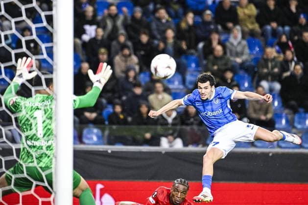 Genk s Zakaria El Ouahdi scores a goal during a game between Belgian soccer team KRC Genk and German Freiburg, Thursday 12 March 2026 in Genk, the first leg of the 1 16 Finals of the UEFA Europa League tournament. TOM GOYVAERTS TomxGoyvaerts  x167299809x