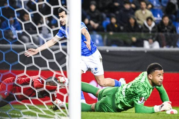 Genk s Zakaria El Ouahdi celebrates after scoring during a game between Belgian soccer team KRC Genk and German Freiburg, Thursday 12 March 2026 in Genk, the first leg of the 1 16 Finals of the UEFA Europa League tournament. TOM GOYVAERTS TomxGoyvaerts  x167299947x
