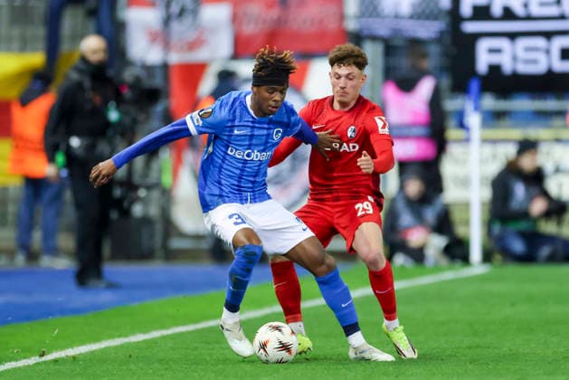 Noah Adedeji Sternberg KRC Genk and Philipp Treu SC Freiburg battle for the ball, UEFA Europa League 2025 26 Round of 16 First Leg, KRC Genk v SC Freiburg, Cegeka Arena on March 12, 2026 in Genk, Belgium Photo by Marco Steinbrenner DeFodi Images Noah Adedeji Sternberg KRC Genk and Philipp Treu SC Freiburg battle for the ball, UEFA Europa League 2025 26 Round of 16 First Leg, KRC Genk v SC Freiburg, Cegeka Arena, March 12, 2026 in Genk, Belgium Photo by Marco Steinbrenner DeFodi Images