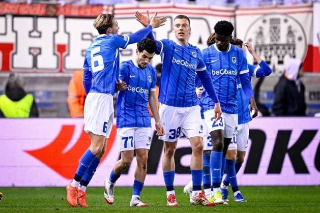 KRC Genk v Freiburg - UEFA Europa League GENK, BELGIUM - MARCH 12 : The team of KRC Genk celebrates after the 1-0 goal of El Ouahdi Zakaria defender of KRC Genk during the UEFA Europa League 2025 26 round of 16 match first leg between KRC Genk and Freiburg on March 12, 2026 in Genk, Belgium, 12 03 2026  Copyright: xTomasxSiskx