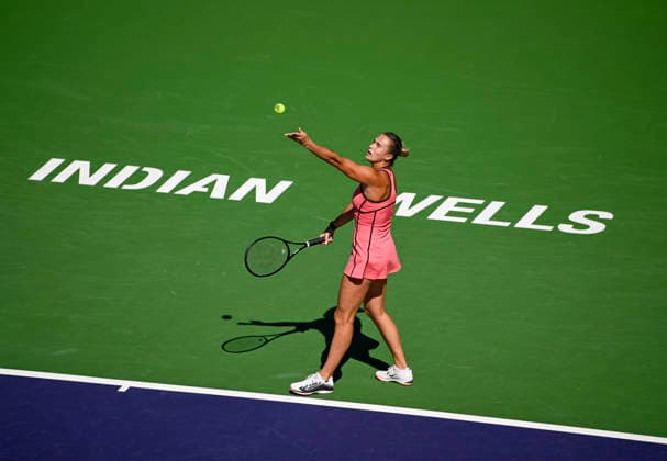 March 12, 2026 Aryna Sabalenka serves against Victoria Mboko (CAN) during their quarterfinals match at the BNP Paribas Open held at the Indian Wells Tennis Garden in Indian Wells, California. California. Mandatory Photo Credit : CSM Tennis 2026: BNP Paribas Open MAR 12  - ZUMAc04_ 20260312_zma_c04_061 Copyright: xCharlesxBausx