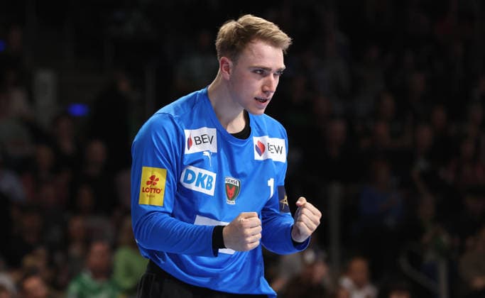 Goalkeeper Lasse Ludwig celebrates after a save Joy Emotion Cheers Sport Handball CL Champions League Champions League Men 14 Matchday Season 2025 2026 12 03 2026 Füchse Berlin vs HBC Nantes in the Max Schmeling Halle
