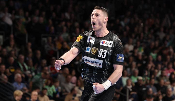 Mijajlo Marsenic cheers after scoring Joy Emotion Jubilation Sport Handball CL Champions League Champions League Men 14 Matchday Season 2025 2026 12 03 2026 Füchse Berlin vs HBC Nantes in the Max Schmeling Halle