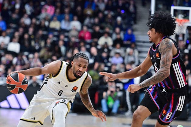 BASKET : Paris Basket vs ASVEL - Euroleague - 12 03 2026 BRAIAN ANGOLA of ASVEL and JARED RHODEN of Paris Basket during the Euroleague match between Paris Basketball and LDLC ASVEL Villeurbanne at Adidas Arena on March 12, 2026 in Paris, France. ( Photo by Federico Pestellini PSNewz ) - ParisFrance  Copyright: xFedericoxPestellinix