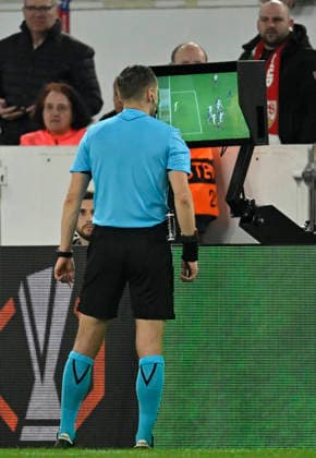 Supposed GOAL for 2 2 Angelo Stiller VfB Stuttgart 06 not in the picture after VAR, video assistant, video evidence, Video referee Video assistant referee not in the picture due to passive offside of Tiago Tomas VfB Stuttgart 08 Referee Donatas Rumsas LTU on monitor VfB Stuttgart vs FC Porto EUROPA LEAGUE EL 12 03 2026 DFL REGULATIONS PROHIBIT ANY USE OF PHOTOGRAPHS AS IMAGE SEQUENCES AND OR QUASI VIDEO VfB Stuttgart vs FC Porto