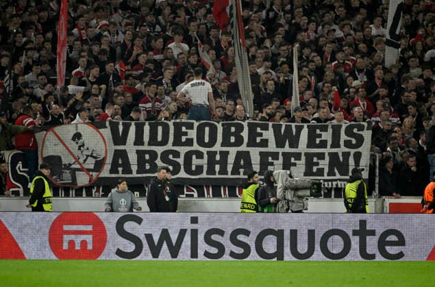 banner, protest, protest poster, fan poster, banner, poster, banner VIDEO EVIDENCE VAR, video assistant, video evidence, video referee, video assistant referee Cannstatter Kurve VfB Stuttgart vs FC Porto EUROPA LEAGUE EL 12 03 2026 DFL REGULATIONS PROHIBIT ANY USE OF PHOTOGRAPHS AS IMAGE SEQUENCES AND OR QUASI VIDEO VfB Stuttgart vs FC Porto
