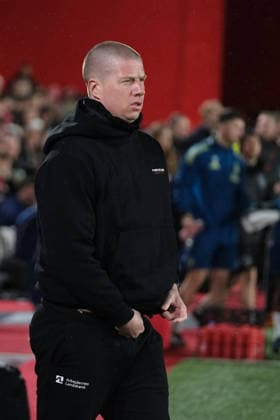FC Midtjylland Head coach Mike Tullberg prior to kick off during the UEFA Europa league football match between Nottingham Forest and FC Midtjylland at City Ground in Nottingham. Copyright: xPaulxBonserx xSportsxPressxPhotox Sportspressphoto_SPR108529