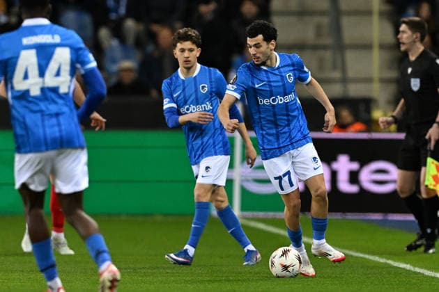 260312 KRC Genk vs SC Freiburg Zakaria El Ouahdi (77) of Genk pictured pictured during the first leg game in the Uefa Europa League season 2025-2026 round of 16 between KRC Genk and SC Freiburg from Germany on March 12 , 2026 in Genk, Belgium. (Photo by David Catry Isosport) Genk Belgium  Copyright: xDavidxCatryx 20260312DC2_0833