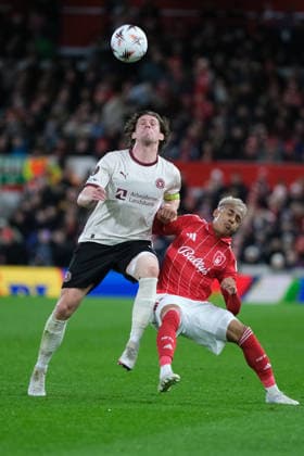 Mads Bech Sorensen of FC Midtjylland and Omari Hutchinson of Nottingham Forest seen in action during the UEFA Europa league football match between Nottingham Forest and FC Midtjylland at City Ground in Nottingham. Copyright: xPaulxBonserx xSportsxPressxPhotox Sportspressphoto_SPR108533