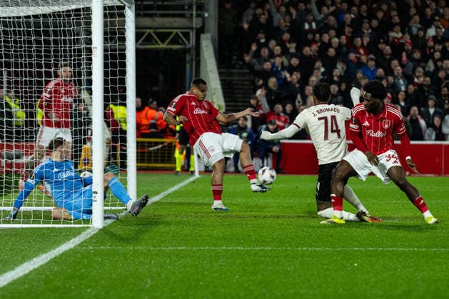 12th March 2026; The City Ground, Nottingham, England; UEFA Europa League Football, Nottingham Forest versus Midtjylland; Murillo of Nottingham Forest clears the ball as it heads for the goal  GodfreyxPitt Content restricted for UK based newspaper