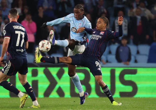 ESP: Real Celta v Olympique Lyonnais, EuropaLeague, 12 March 2026 Nartey of Lyon and Ilaix Moriba of Real Club Celta de Vigo in action during the UEFA Europe League KO poff, 2st leg between Real Club Celta de Vigo and Olympique Lyonnais at Stadium Municipal ABANCA Balaidos on March 12,2026 in Vigo (Spain) (Photo by Luis de la Mata SportPix Sipa USA Vigo Stadium Municipal Balaidos ABANC Galicia Spain Copyright: xLuisxdexlaxMatax xsportPix.org.ux