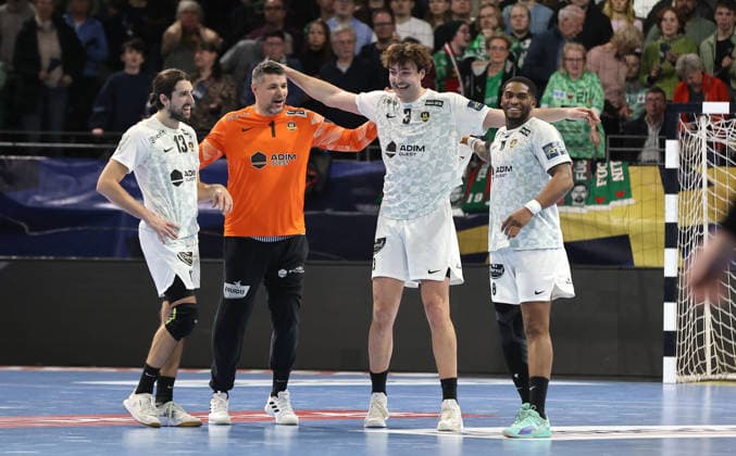 Julien Bos, goalkeeper Ivan Pesic, Thibaud Briet, O Brien Nyateu, Nantes team cheers after the match Joy Emotion Cheering Sport Handball CL Champions League Champions League Men 14 Matchday Season 2025 2026 12 03 2026 Füchse Berlin vs HBC Nantes in the Max Schmeling Halle