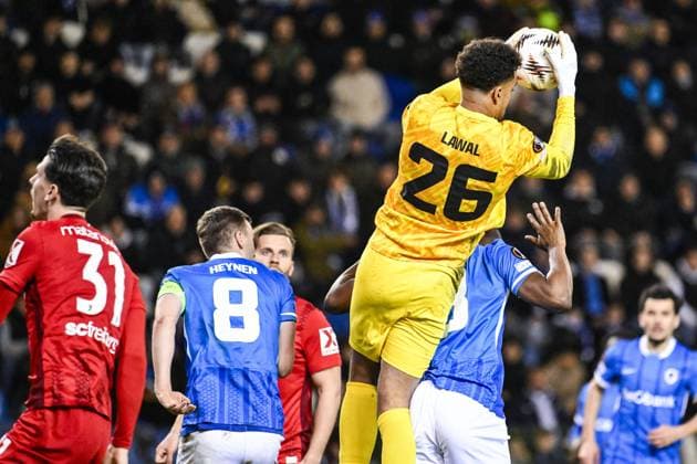 Genk s goalkeeper Tobias Lawal pictured in action during a game between Belgian soccer team KRC Genk and German Freiburg, Thursday 12 March 2026 in Genk, the first leg of the 1 16 Finals of the UEFA Europa League tournament. TOM GOYVAERTS TomxGoyvaerts  x167307691x