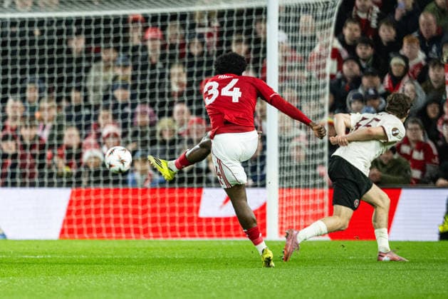 12th March 2026; The City Ground, Nottingham, England; UEFA Europa League Football, Nottingham Forest versus Midtjylland; Ola Aina of Nottingham Forest shoots at goal  GodfreyxPitt Content restricted for UK based newspaper