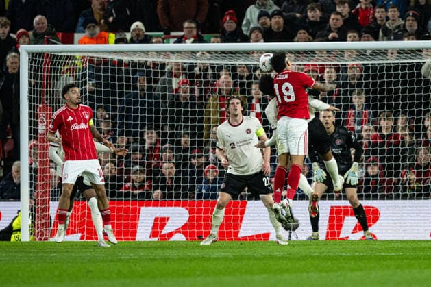 12th March 2026; The City Ground, Nottingham, England; UEFA Europa League Football, Nottingham Forest versus Midtjylland; Igor Jesus of Nottingham Forest wins an attacking header  GodfreyxPitt Content restricted for UK based newspaper