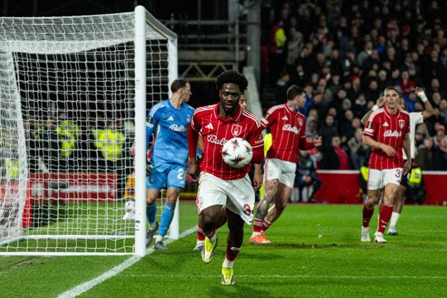 12th March 2026; The City Ground, Nottingham, England; UEFA Europa League Football, Nottingham Forest versus Midtjylland; Ola Aina of Nottingham Forest chases the ball  GodfreyxPitt Content restricted for UK based newspaper