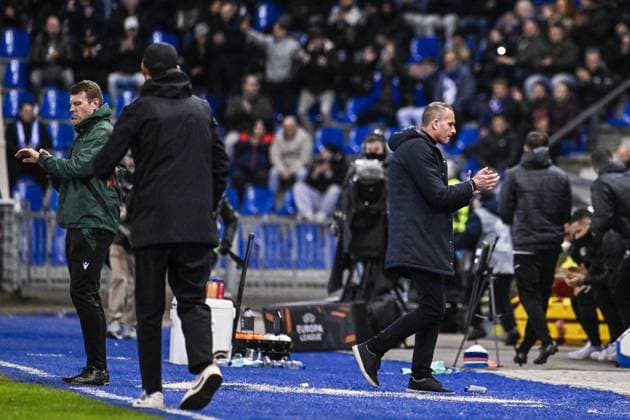 Genk s head coach Nicky Hayen celebrates after winning a game between Belgian soccer team KRC Genk and German Freiburg, Thursday 12 March 2026 in Genk, the first leg of the 1 16 Finals of the UEFA Europa League tournament. TOM GOYVAERTS TomxGoyvaerts  x167308214x