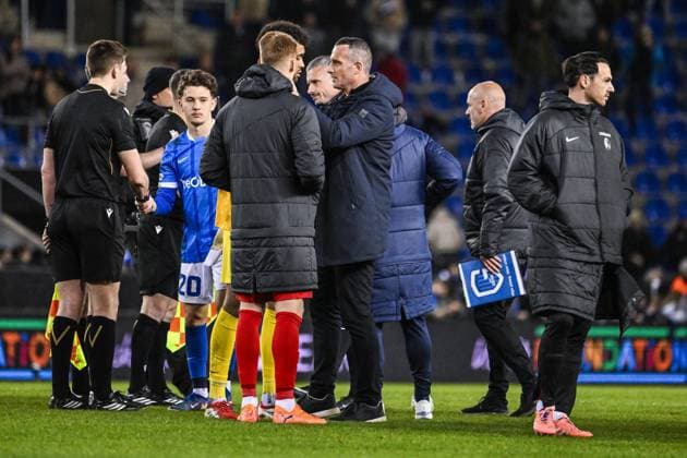 Genk s goalkeeper Tobias Lawal and Genk s head coach Nicky Hayen celebrate after winning a game between Belgian soccer team KRC Genk and German Freiburg, Thursday 12 March 2026 in Genk, the first leg of the 1 16 Finals of the UEFA Europa League tournament. TOM GOYVAERTS TomxGoyvaerts  x167309209x