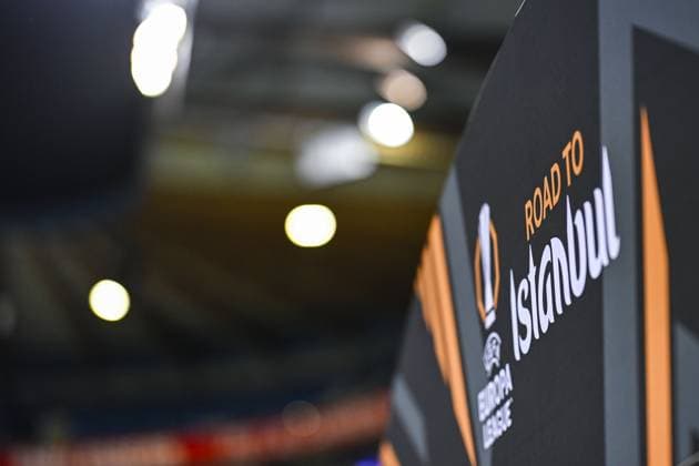 The UEFA Europa League road to Instanbul banner pictured at a game between Belgian soccer team KRC Genk and German Freiburg, Thursday 12 March 2026 in Genk, the first leg of the 1 16 Finals of the UEFA Europa League tournament. TOM GOYVAERTS TomxGoyvaerts  x167309298x