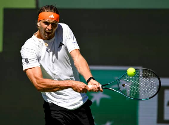 March 12, 2026 Alexander Zverev (GER) returns a shot against Arthur Fils (FRA) during their quarterfinals match at the BNP Paribas Open held at the Indian Wells Tennis Garden in Indian Wells, California. California. Mandatory Photo Credit : CSM Indian Wells United States of America - ZUMAc04_ 20260312_zma_c04_115 Copyright: xCharlesxBausx