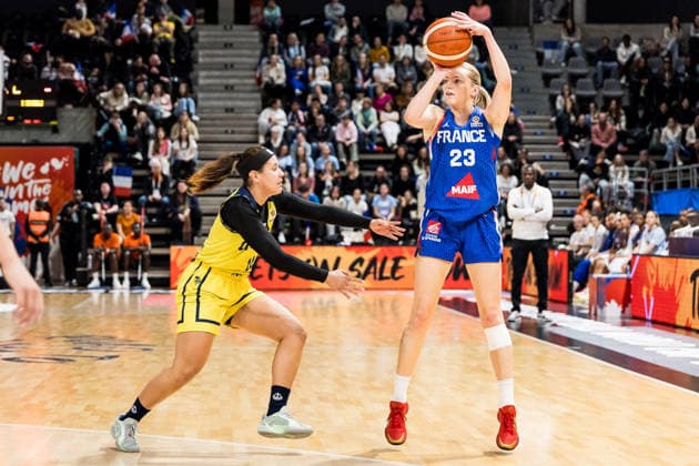 LYON-VILLEURBANNE, FRANCE - MARCH 12: Marine Johannes (France, 23) shoots the ball during the FIBA Women™s World Cup Qualifying Tournament match between Colombia (COL) vs. France (FRA) at Astroballe on matchday 2 of the FIBA Women™s World Cup Qualifying Tournament on March 12, 2026 in Lyon-Villeurbanne, France. France Copyright: xSteffiexWunderlx