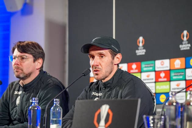 Belgium Football Europa League 2025 2026, Round of 16 KRC Genk vs SC Freiburg Cegeka Arena Genk Julian Schuster SC Freiburg, Coach Press conference, Media Copyright: xJOERANxSTEINSIEKx