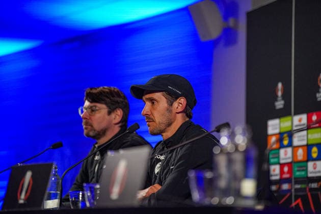 Belgium Football Europa League 2025 2026, Round of 16 KRC Genk vs SC Freiburg Cegeka Arena Genk Julian Schuster SC Freiburg, Coach Press conference, Media Copyright: xJOERANxSTEINSIEKx