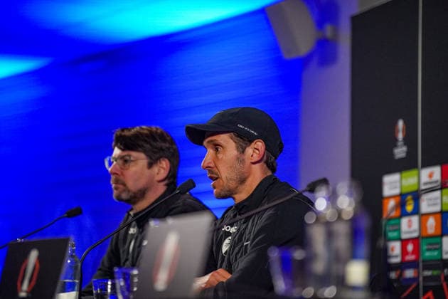 Belgium Football Europa League 2025 2026, Round of 16 KRC Genk vs SC Freiburg Cegeka Arena Genk Julian Schuster SC Freiburg, Coach Press conference, Media Copyright: xJOERANxSTEINSIEKx