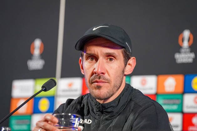 Belgium Football Europa League 2025 2026, Round of 16 KRC Genk vs SC Freiburg Cegeka Arena Genk Julian Schuster SC Freiburg, Coach Press conference, Media Copyright: xJOERANxSTEINSIEKx